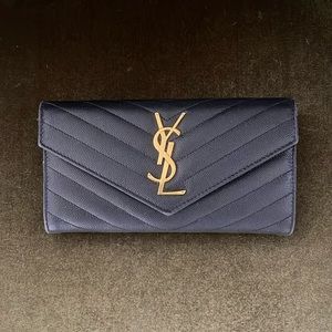 Authentic YSL Monogram Large Flap Wallet in Grained Leather